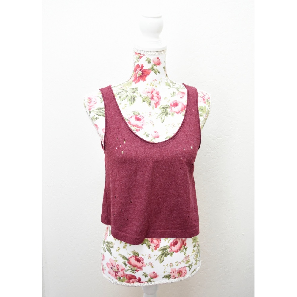 American Eagle Burgundy Tattered Burnout Crop Top